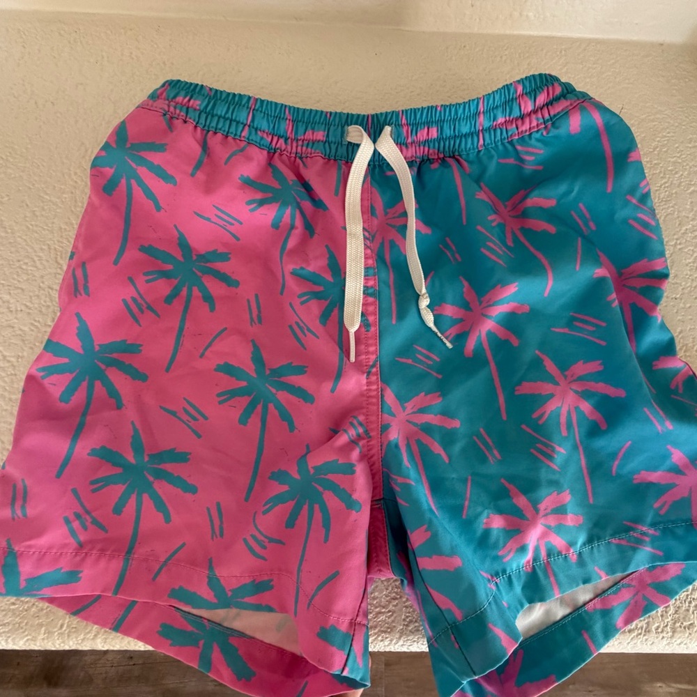 Youth Large: Chubbies Pink & Teal Palm-Print Swim Shorts  *worn once *